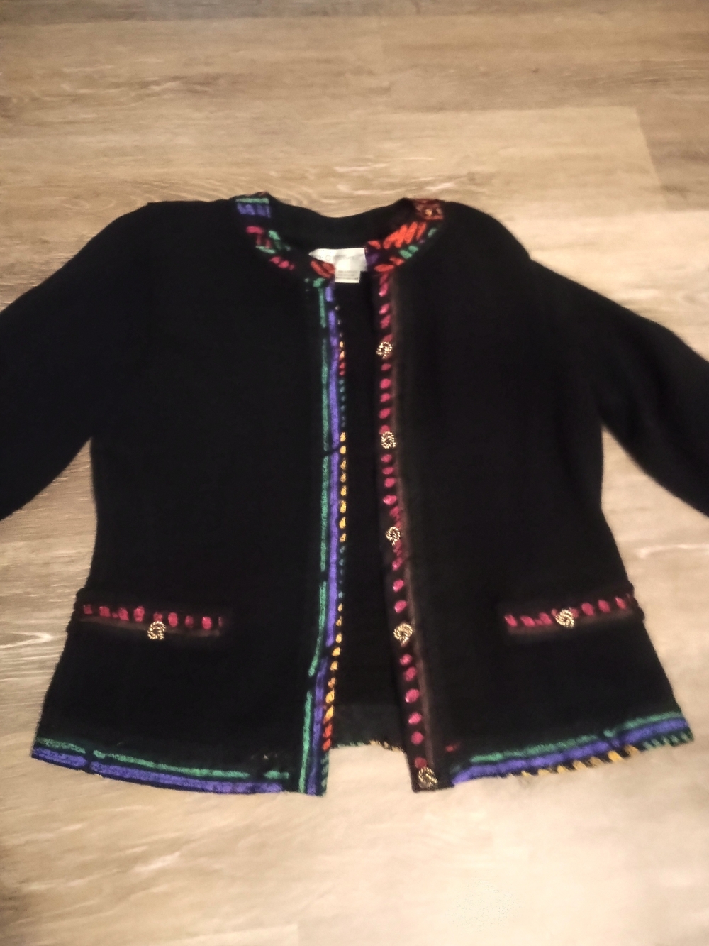 Anne Crimminys Black Knit Embroidered Sweater Cardigan with Multicolor Trim - Picture 9 of 16